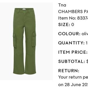 TNA Aritzia Chambers Pant Olive Green